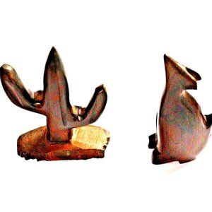 Vtg MCM Ironwood Folk Art Wolf Coyote & Cactus Carving Statues Sculpture